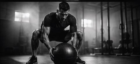 An athlete lifting a medicine ball in a gym.