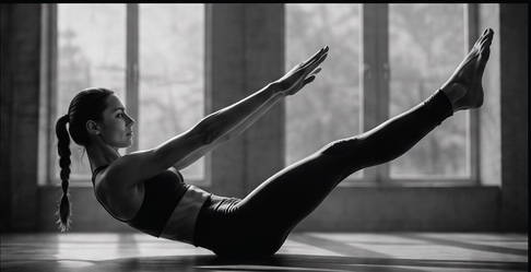 A woman holding a Pilates position on a mat in a daylit studio.
