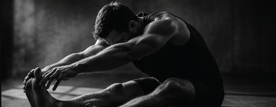 An athlete in a seated stretch, photographed in black and white.