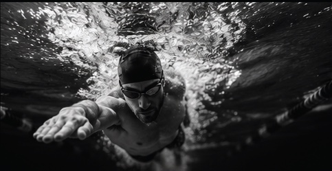 A swimmer mid-stroke, photographed underwater.